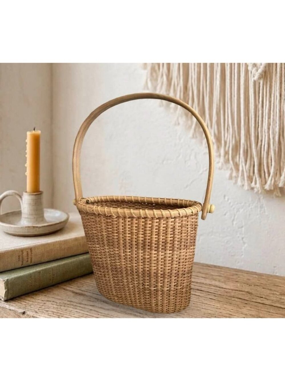 Nantucket Style Wall Basket Tight Weave Wood Handle and Bottom French Country Co - Picture 7 of 13